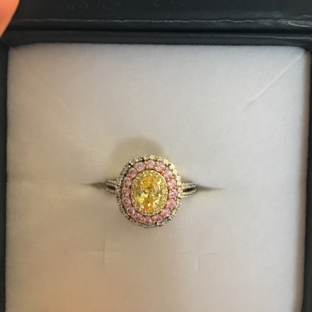 Diamonique Oval canary &pink halo ring